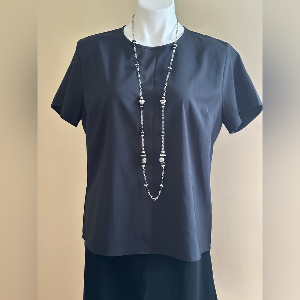 Ico Black Short Sleeves Satin Blouse 1 Big Stripe Middle Of Blouse SZ L